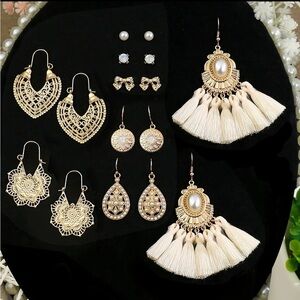 8 Pairs Boho Gold Pearl Drop Earrings Set